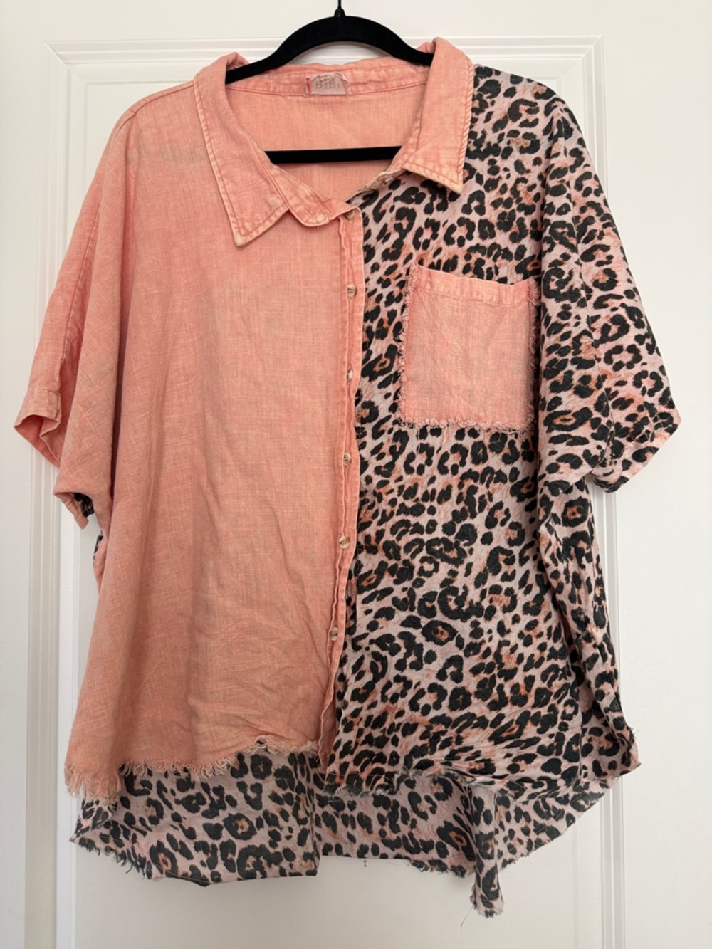 BiBi Pink Half-Solid Half-Leopard Button-Up Blouse